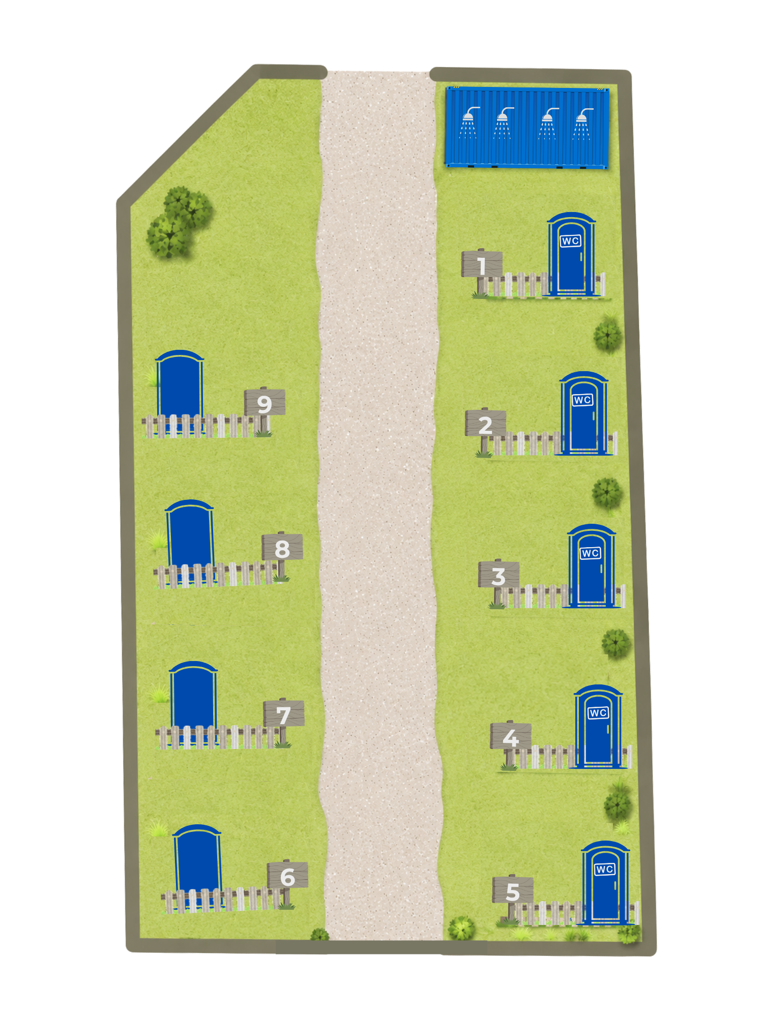 Übersichtskarte der Stellplätze 2 bis 4 auf dem Campingplatz mit Parzellen, Zufahrt und Lage der WC-Kabinen.